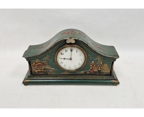 Early 20th century mantel clock&nbsp;decorated in oriental-style, the green painted case with moulded figures in garden setti