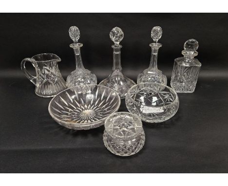 Assorted 20th century cut glassware, including: a fan-cut ship's decanter and stopper, a pair of Stuart globe-shaped decanter