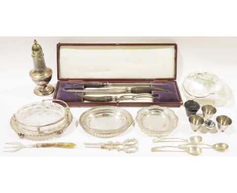 Silver plated wares, to include a sugar caster, wine bottle coaster, lidded dish, flatware and more