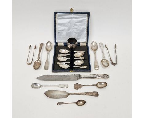 Victorian silver butter knife, Old English pattern 1880, silver napkin ring, silver sugar nips and sundry silver flatware inc