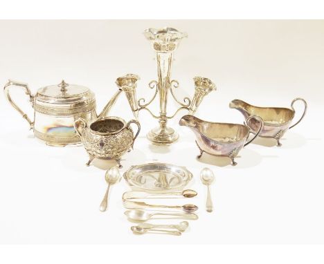 Silver plated wares&nbsp;to include a three-branch epergne, a 19th century teapot by James Dixon &amp; Sons, flatware, etc&nb