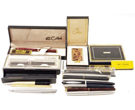 Sundry Parker fountain pens, a Cunard White Star Liner (Mauretania) pen&nbsp;(part missing), a Colibri boxed ballpoint pen, a