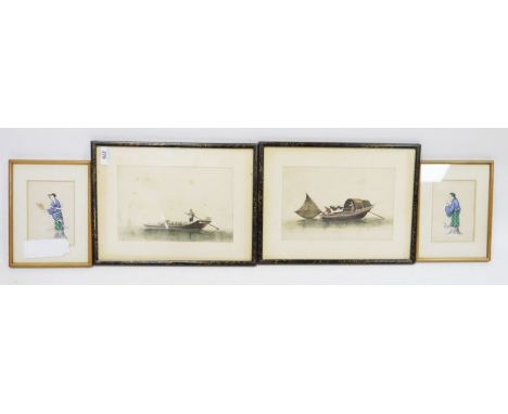 Pair of Chinese ricepaper paintings of Geishas, each 13cm x 9cm and a pair of ricepaper watercolour drawings&nbsp;of figures 