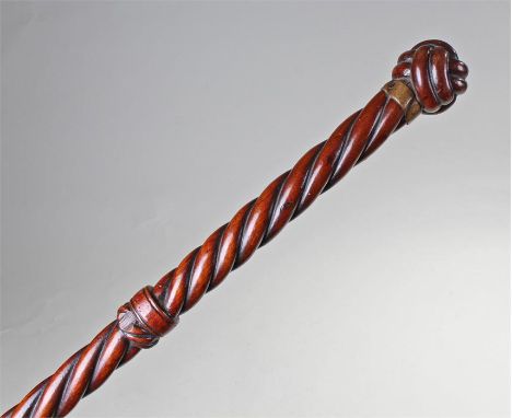 Victorian rope twist walking stick, the knot carved top above rope effect, the collar named to "John Knights" 90cm long
