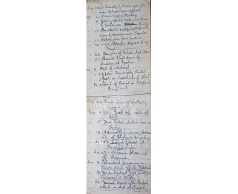 Unusual note pad with a pencil written time line of the First World War, starting with July 28 stating "Austria declares war 