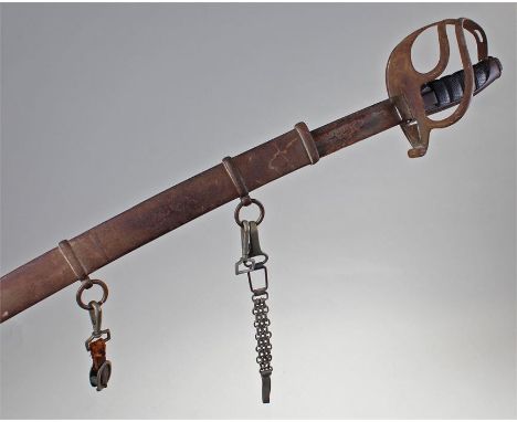 World War II Italian Officer's sword, the unsigned 75cm long blade, with basket hilt, etched steel blade, metal scabbard