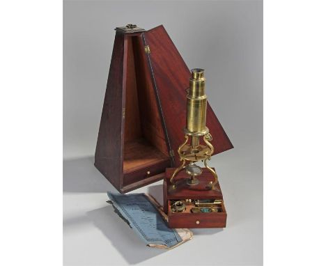Early 19th Century Culpeper type microscope, maker W J Gilbert, London, the lacquered brass microscope housed within a mahoga