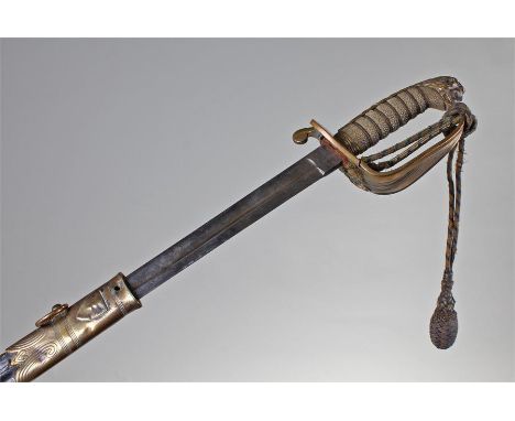 Naval officers sword, 1827 pattern, by Hawkes & Co, London, the 78cm etched blade with folding guard and shagreen grip, leath