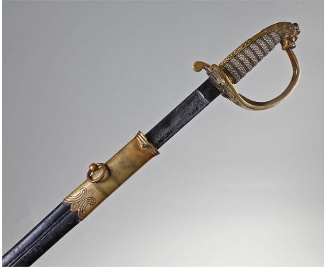 Naval officers sword, Edward VII cypher, 1827 pattern, blade 79.5cm, owners name on the clip H. Murchie R.N.R. gilt hilt with