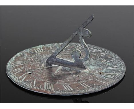 19th Century bronze sundial, with outer Roman numerals, angled gnome, 20.5cm wide