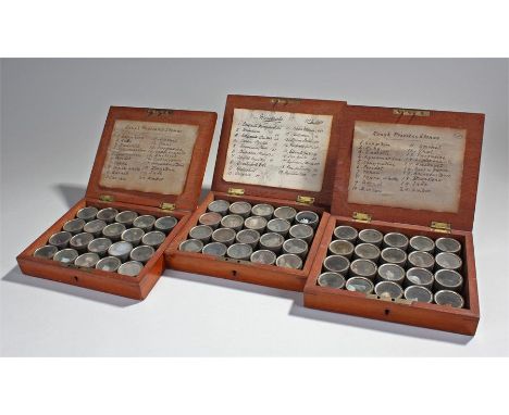 Three late 19th Century specimen boxes, two boxes with rough precious stones in twenty glazed boxes, the stones to include, s