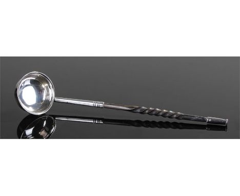 19th Century whale baleen toddy ladle, the barley twist whale baleen shaft with a white metal bowl, 20cm long
