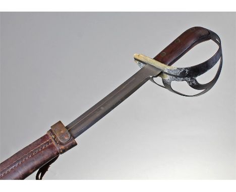 Dutch Kleewang, the pierced hilt with curved cutlass blade 63cm long with clipped point, the wooden grip secured by three bra