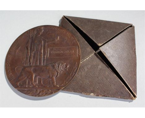 First War death plaque, named to George Allen, with the outer card case