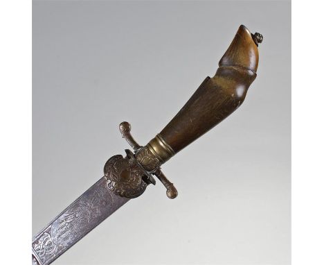 18th Century German hunting hanger, the 47cm long blade with engraved decoration of a hare and deer running, drums spears and