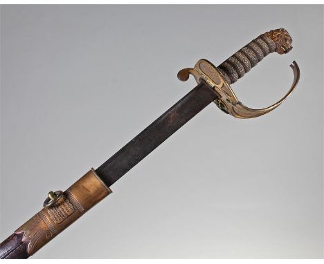 Naval officer`s sword, 1827 pattern, the 78.5cm blade with pipe back, etched, the hilt with brass guard and shagreen grip, le
