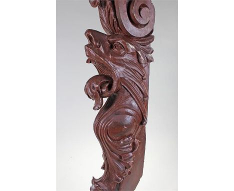19th Century ships carved bracket, in the form of an open mouthed lion, acanthus leaf scroll base, 100cm high