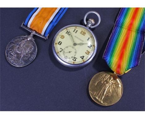 First War pair with military pocket watch, the pair named to M2-192134 PTE W.E. White A.S.C. Victory medal and War medal, tog