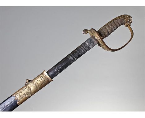 Naval officers sword, 1827 pattern, by Hart, 26 Pall Mall, with a crest on the 78.5cm long blade, with gilt hilt and shagreen