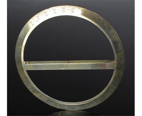 19th century circular brass protractor, by Davies, Leeds, the circular protractor with single beam, 20.5cm wide