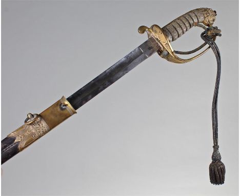 Naval officers sword, 1827 pattern, the 81.5cm blade, gilt hilt with shagreen effect grip, initialled to clip B.M.B. leather 