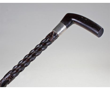 19th Century Sailors walking stick, the carved stick with chain and rope link effect, snake head top, silver collar and horn 