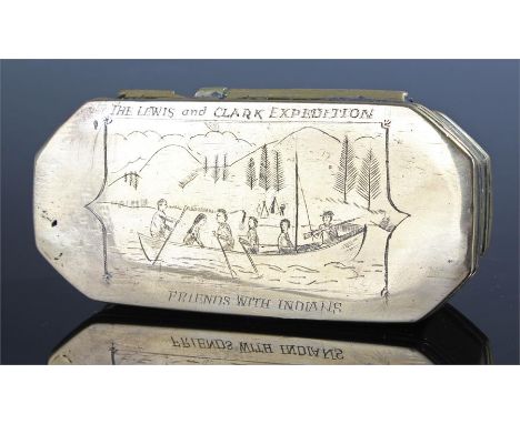 Early American Lewis and Clark Expedition interest, the engraved tobacco box with a boat scene, five figures rowing and one s