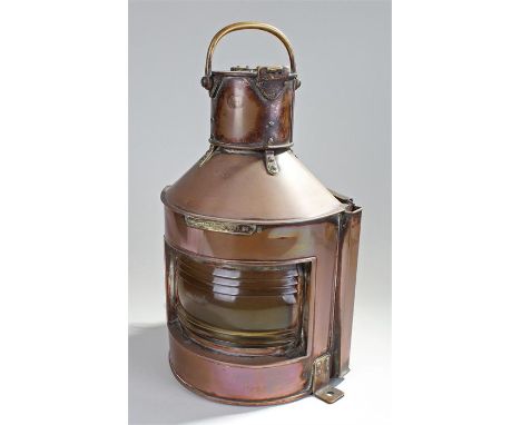 Bow Starboard ships lamp, Patt 24, made by Alderson & Gyde Ltd 1944, Birmingham, the copper case with thick glass bowed front