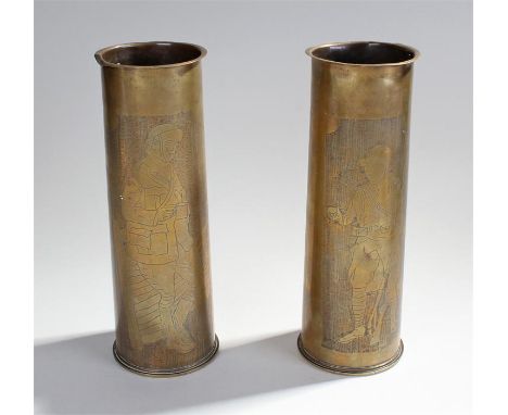 Two First World war trench art shells, engraved with a soldiers and Scots playing bagpipes, dated to the case 1916, 29cm high