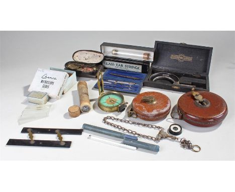 Mixed instruments, to include a rule, a set of apothecary scales, measures, compass, microscope slides, etc, (qty)