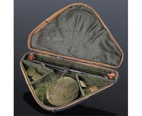 Cased set of 18th Century scales, the shagreen case enclosing a pair of brass pans, a steel beam, weights, case 20cm wide