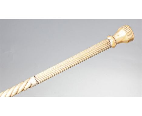 George III whale bone walking stick, the carved tapering stick with reeded and barley twist shaft, 87cm long