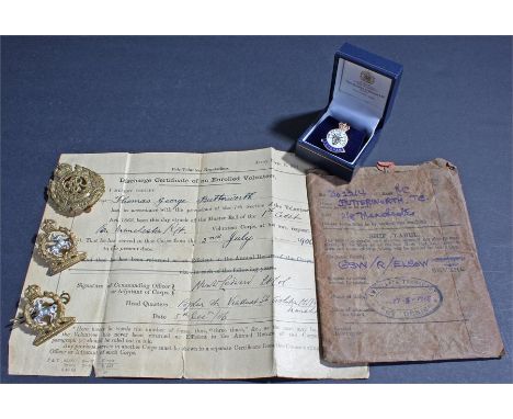 Sapper Thomas George Butterworth, 184742, his Royal engineers cap badge, a discharge Certificate, a ships label, together wit