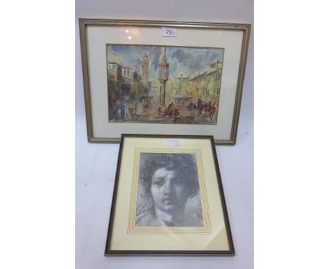 An Italian impressionist watercolour of a town square possibly Venice and a portrait head study of a boy. H-33cm, W-44cm 