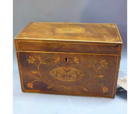 A 19th Century mahogany tea caddy with marquetry inlay and twin lion head handles. H-14cm, W-22cm, D-12cm 