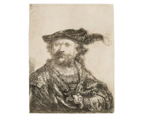 Rembrandt van Rijn (1606-1669)Self-portrait in a Velvet Cap with PlumeEtching with delicate plate tone, 1638, a good but slig