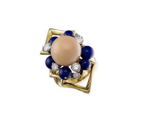 An 18k (750) yellow gold ring set with a coral pearl in a circle of six lapis lazuli pearls set with seven brilliant-cut diam