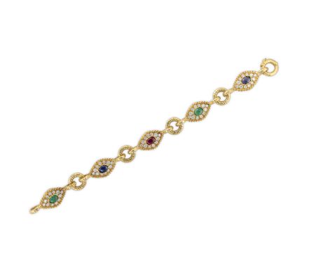 Bracelet in 18k (750) yellow gold, in the form of five lozenges set with two sapphires, two emeralds and a cabochon ruby in a
