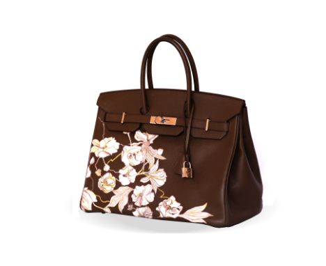 Brown leather handbag with keys, clochette and padlock, palladium hardware and hand painted floral decoration in light pastel