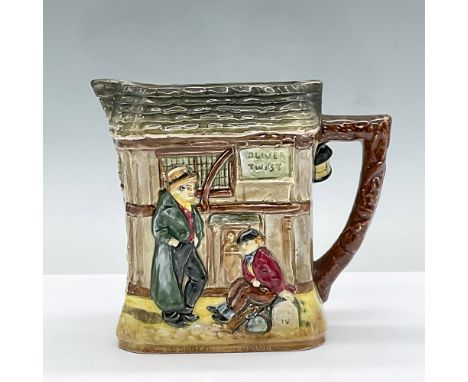Glossy pitcher showcases a detailed relief a scene from Oliver Twist. Royal Doulton backstamp. Issued: 20th centuryDimensions