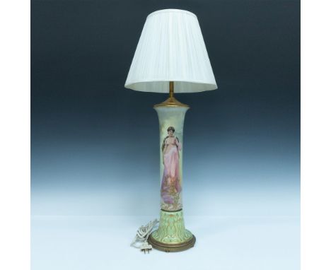 Designed by Sidney Tushingham (BritishÂ&nbsp;1884-1968), a stunning hand painted Art Nouveau style slender table lamp. Featur