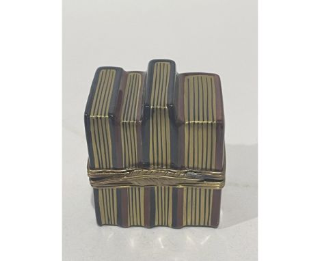 24k gold accented Hand painted collection of law books facing out on a shelf porcelain mini box. Skillfully realistic. Gilded