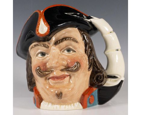 Capt Henry Morgan, D6467; figural jug blue coat with red accents with a black and red tricorn hat. A black ship with white sa