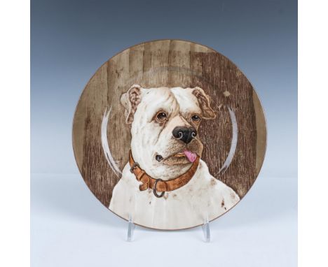 Adorable portrait of a collard white Bull Mastiff with a wooden background. Nice detailing and coloring. Cauldon backstamp. I