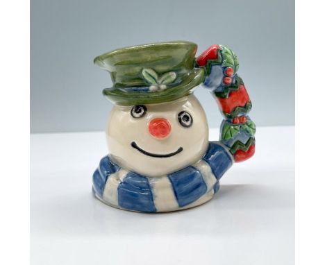 Prototype figural jug. Blue and white scarf, a green hat with a blue band and green holly. Red, blue, and green Christmas cra