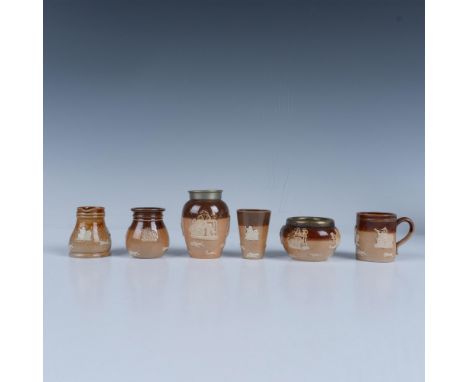 Salt glaze stoneware pieces with hunting and harvest relief scenes; tan colored ground with brown glazed rim. Doulton backsta