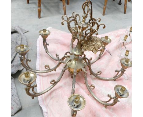 Very Large Brass 8 Branch Chandelier : with matching shades, diameter 91.5cm