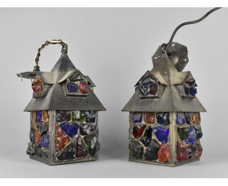 A Pair of Peter Marsh 1950's Hall Lanterns in Pewter and Rock Glass, Both with Ceiling Mounting Brackets, 29cms High 