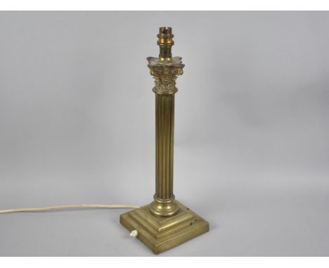 A Vintage Brass Table Lamp Bass in the Form of a Reeded Corinthian Column on Stepped Square Base, No Shade, 45cms High 