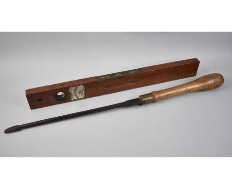 A Vintage Wooden Rabone Spirit Level together with a large Vintage Screwdriver, 74cms Long 